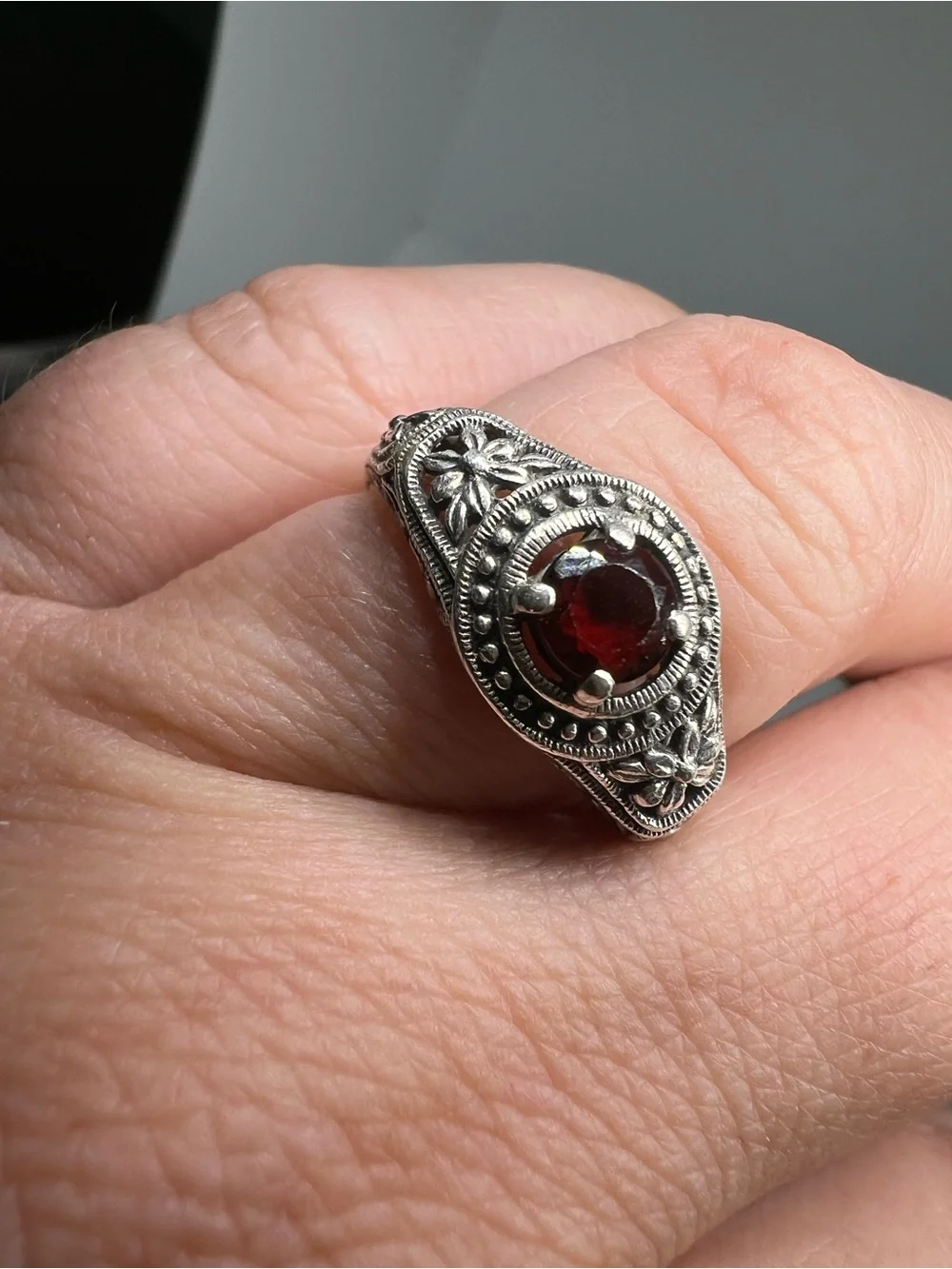 Vintage-Inspired Sterling Ring with Deep Red Garnet Gemstone